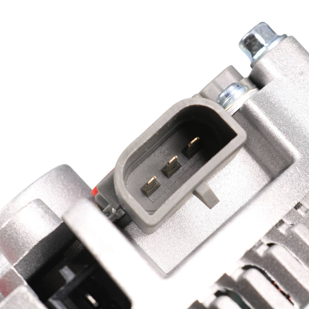 Alternator electrical connector plug with two terminals on metal housing close-up