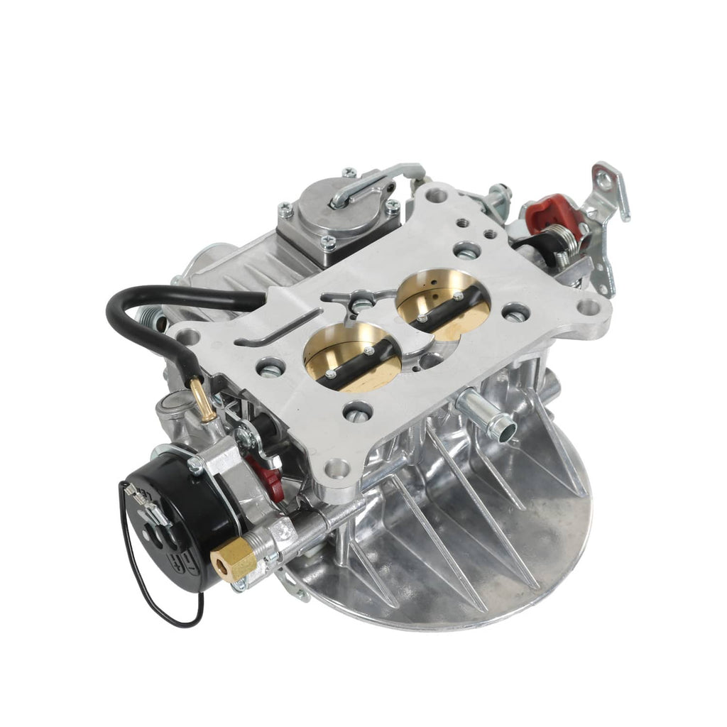 Two-barrel carburetor assembly, side view with orange fitting and black wires