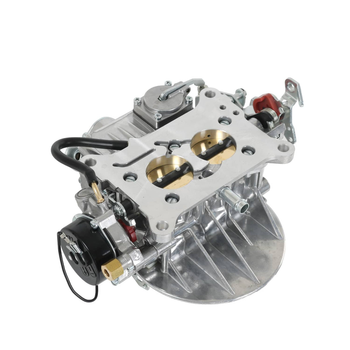 Two-barrel carburetor assembly, side view with orange fitting and black wires