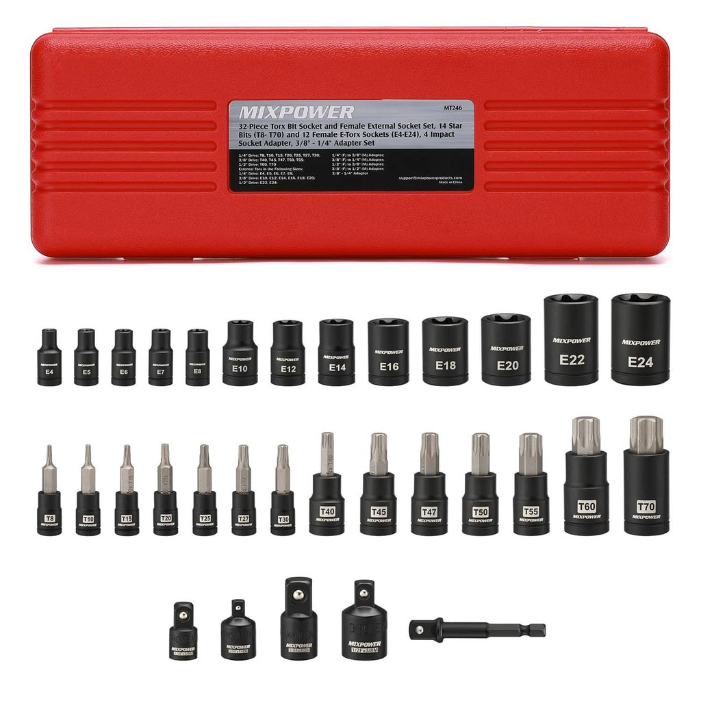MIXPOWER 32-piece Torx bit socket set in red case, E and T size sockets and bits