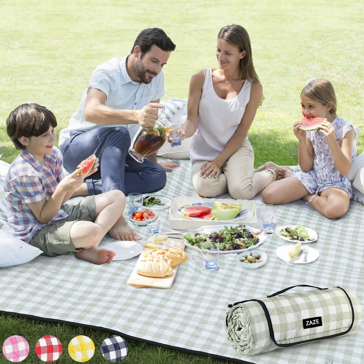 Green and white check picnic blanket with roll-up carry pouch on grass.