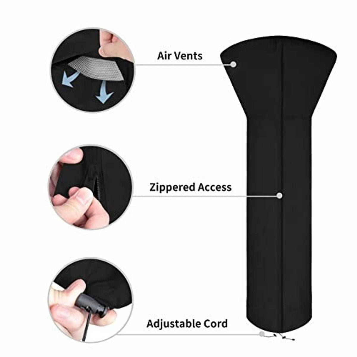 Black patio heater cover with air vents, zipper access, and adjustable cord.