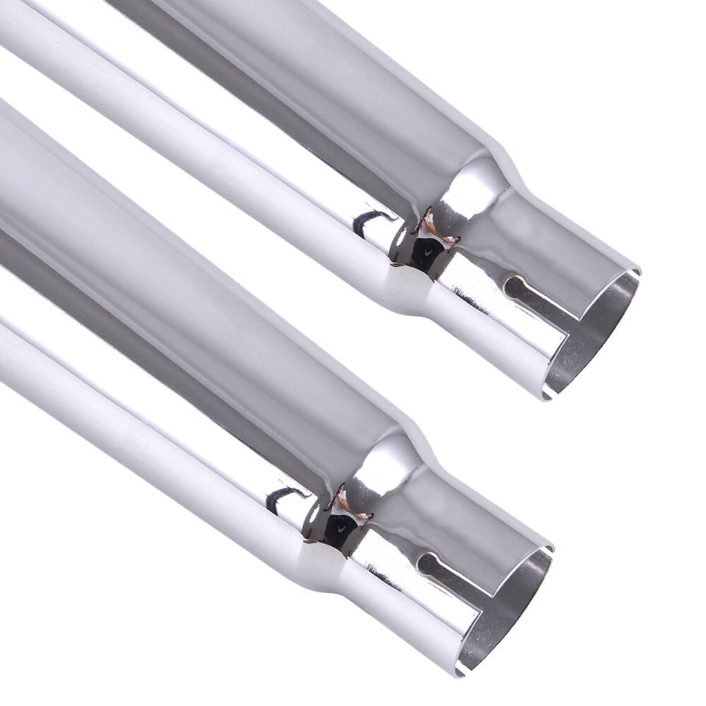 Chrome exhaust mufflers close-up showing black internal baffles and round tips