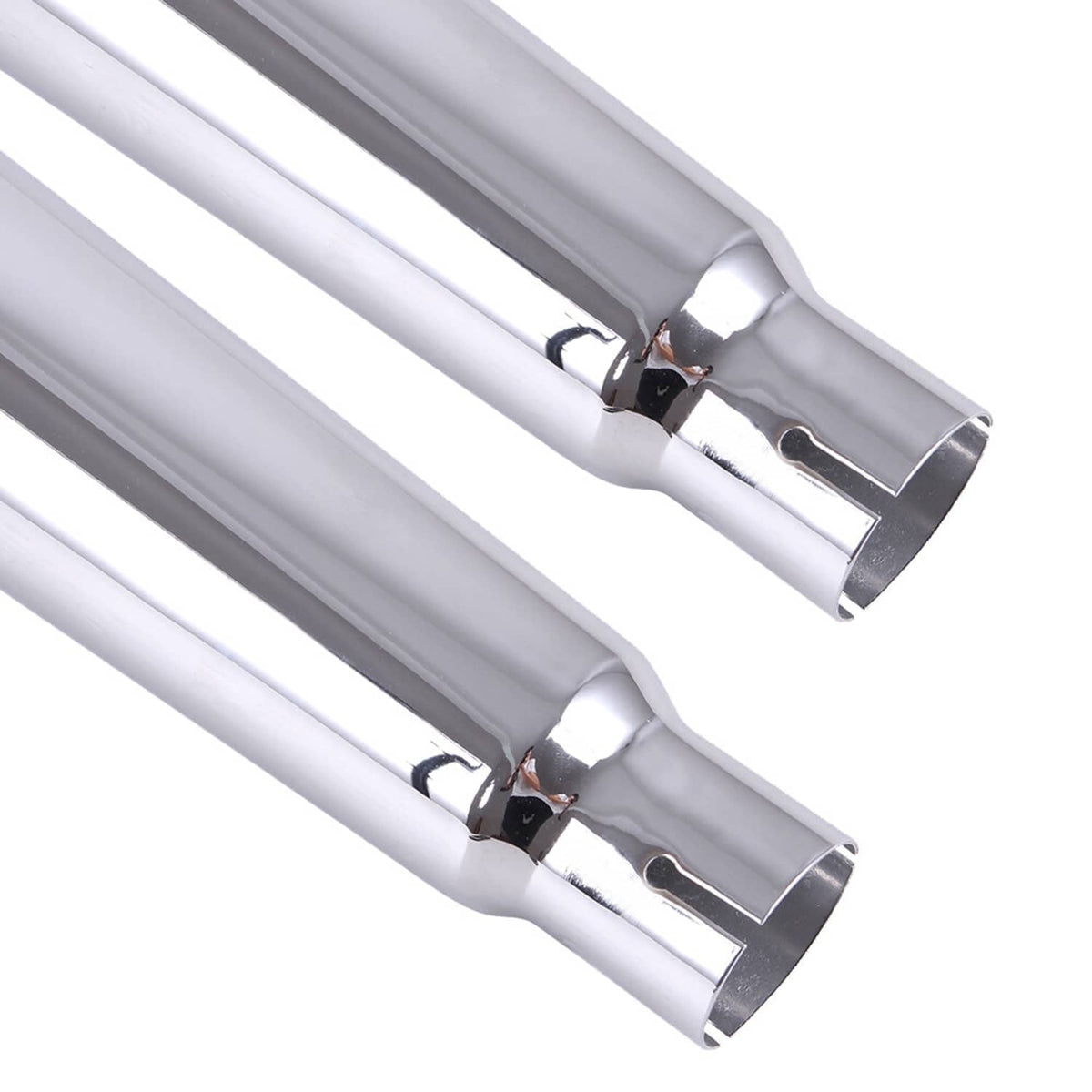Chrome exhaust mufflers close-up showing black internal baffles and round tips