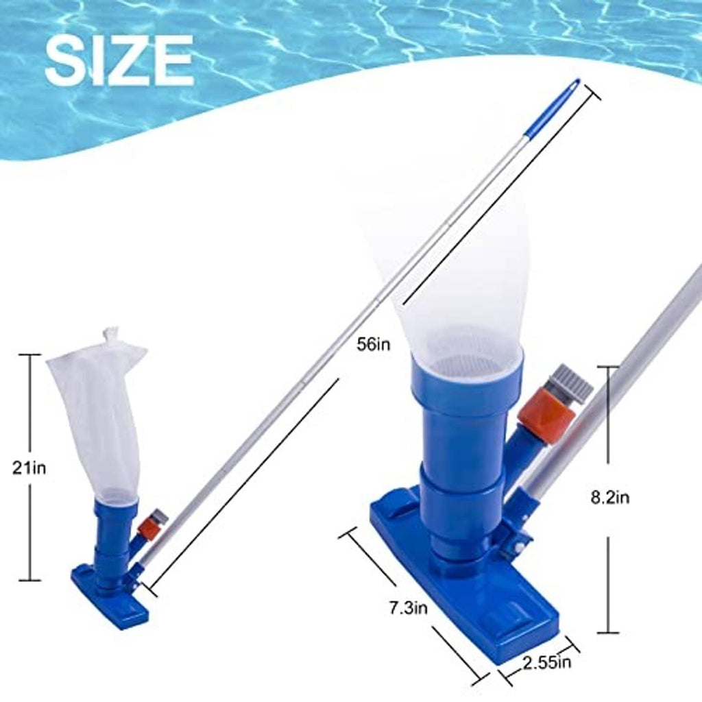 Pool spa vacuum cleaner with 56 in brush pole, blue base, and mesh collection bag