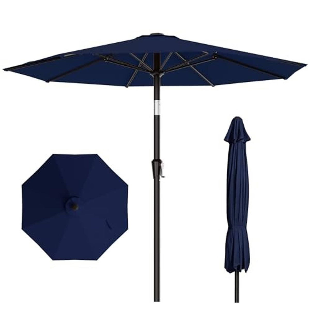 Navy 10 ft patio table umbrella with open canopy, closed umbrella and protective cover