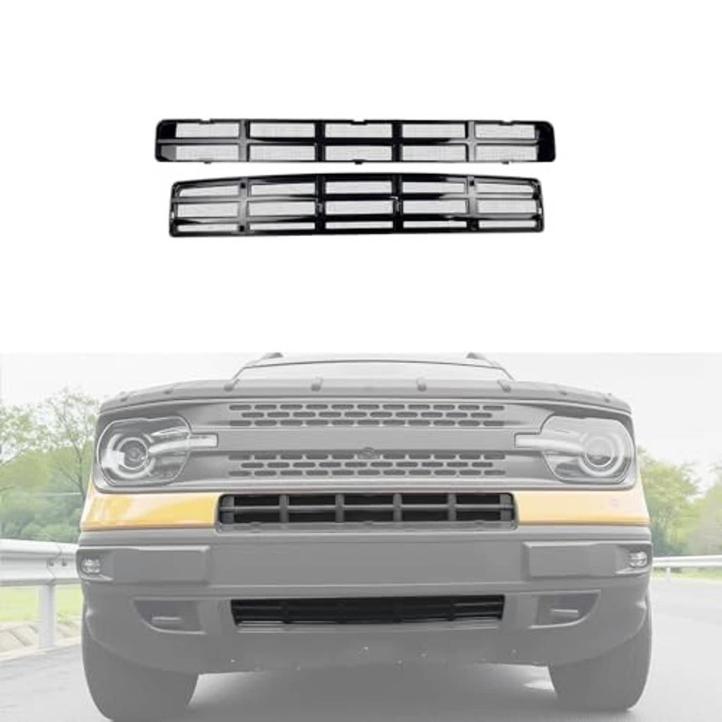 Mesh grille insert overlay on front bumper opening with black-and-gray bar pattern.