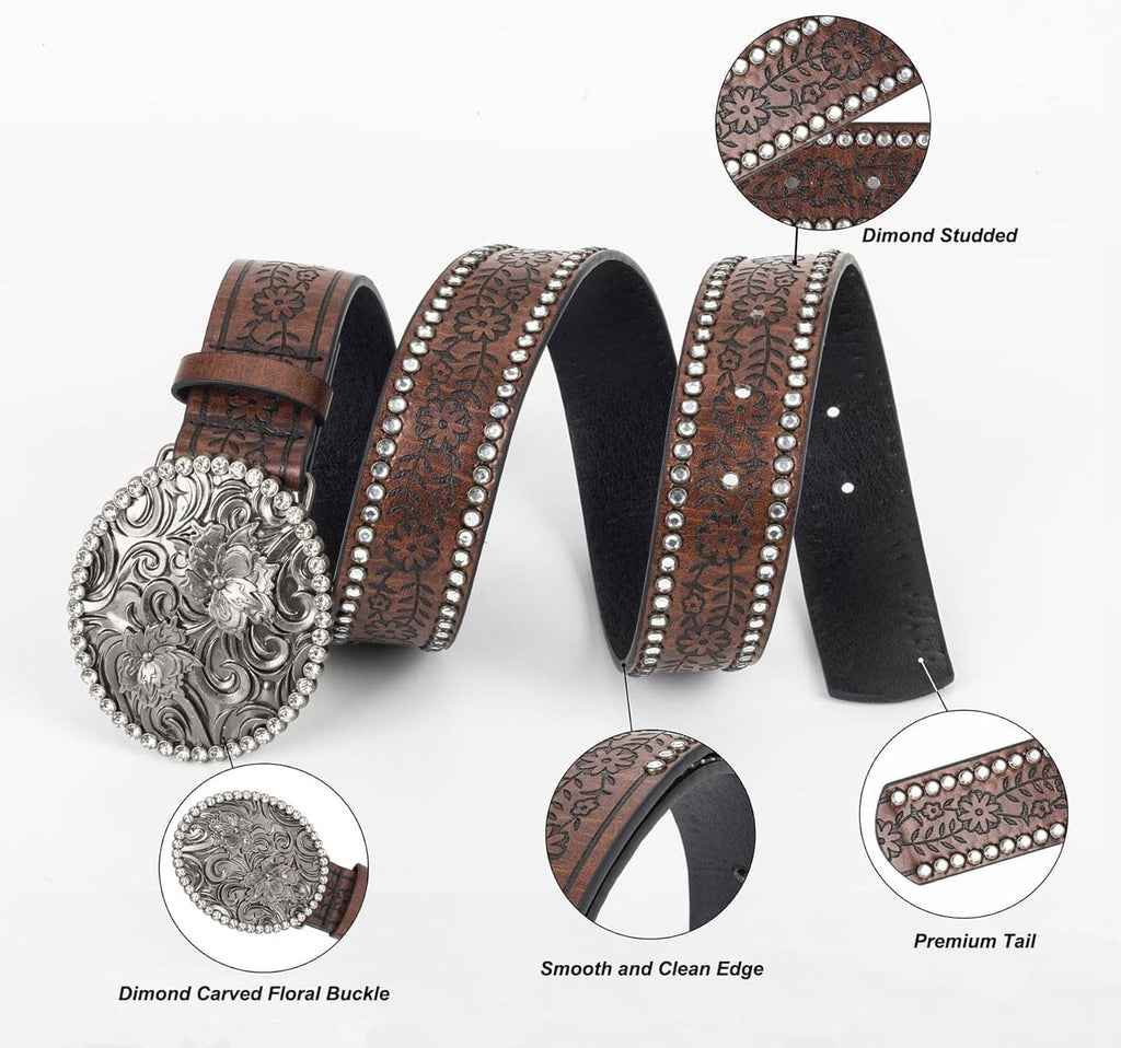 Brown rhinestone belt with embossed floral pattern and oval silver buckle, angled view
