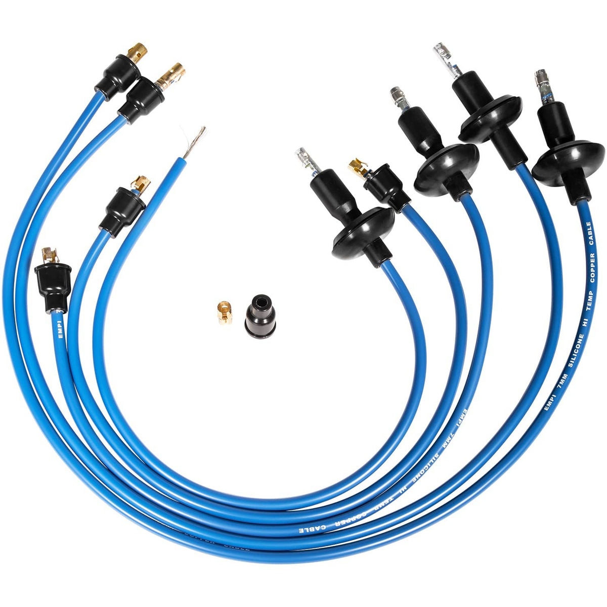 Blue ignition spark plug wire set with black boots and brass terminals