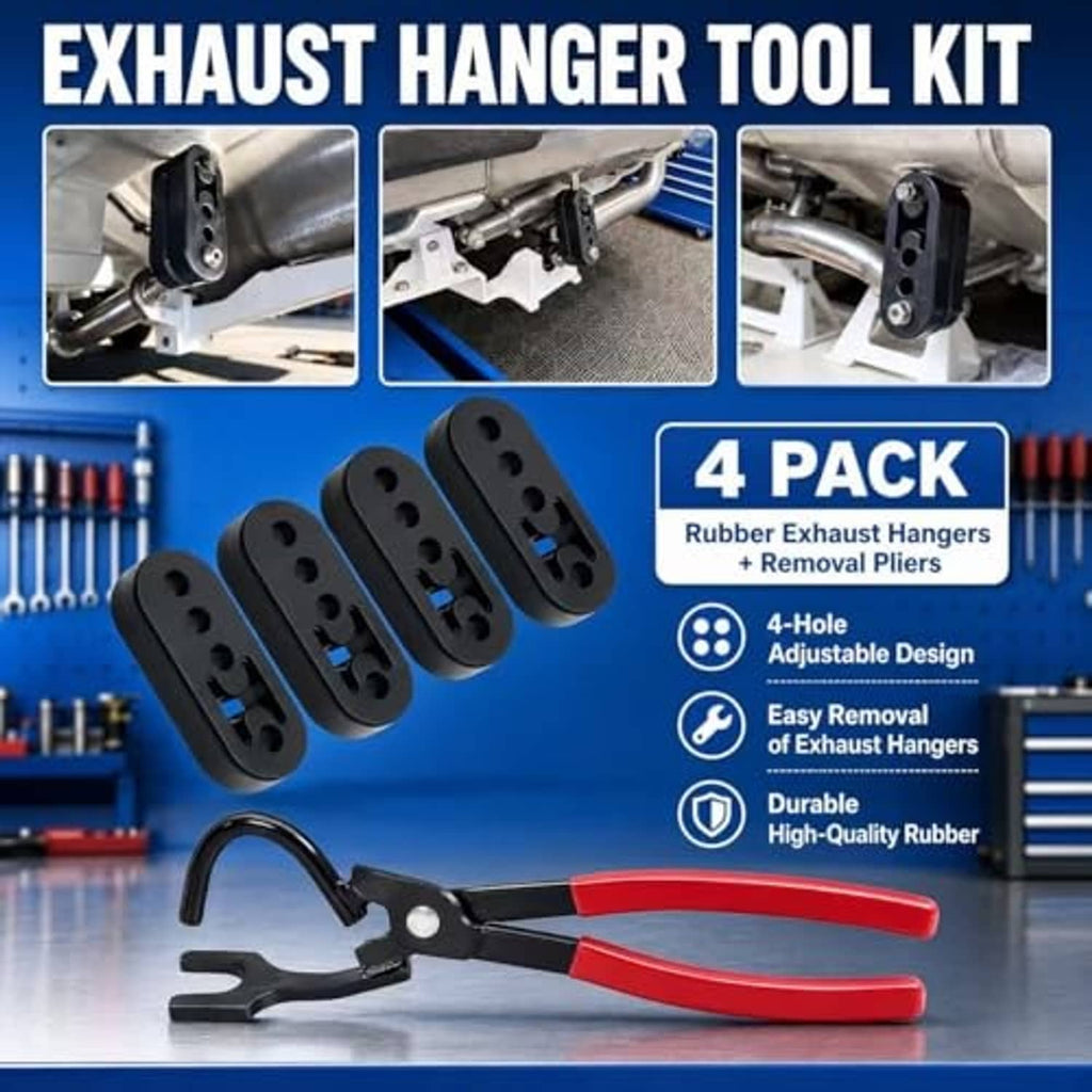 Black rubber exhaust hangers four-pack with removal pliers tool kit