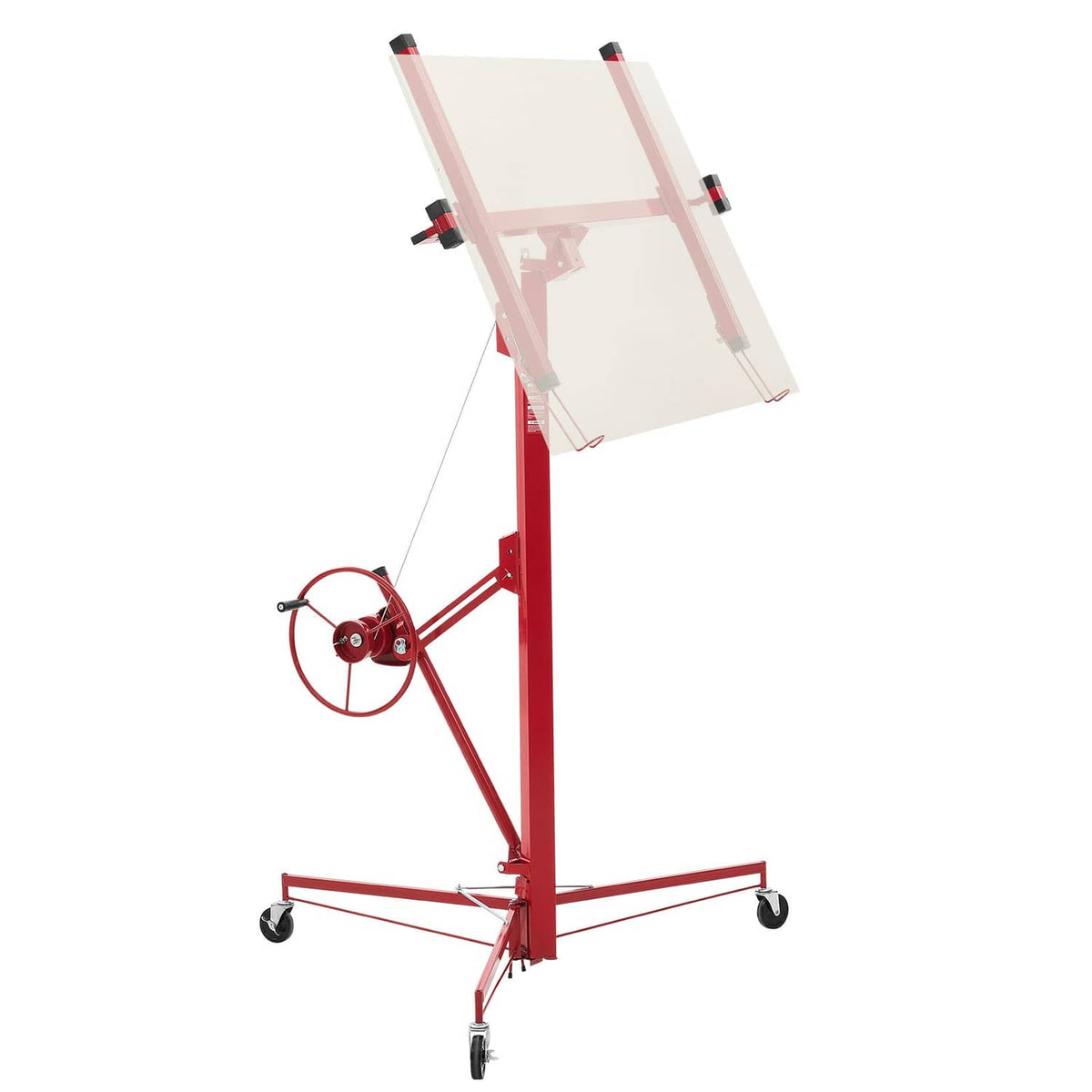 Red drywall hoist with large lifting platform, winch wheel, and four caster wheels