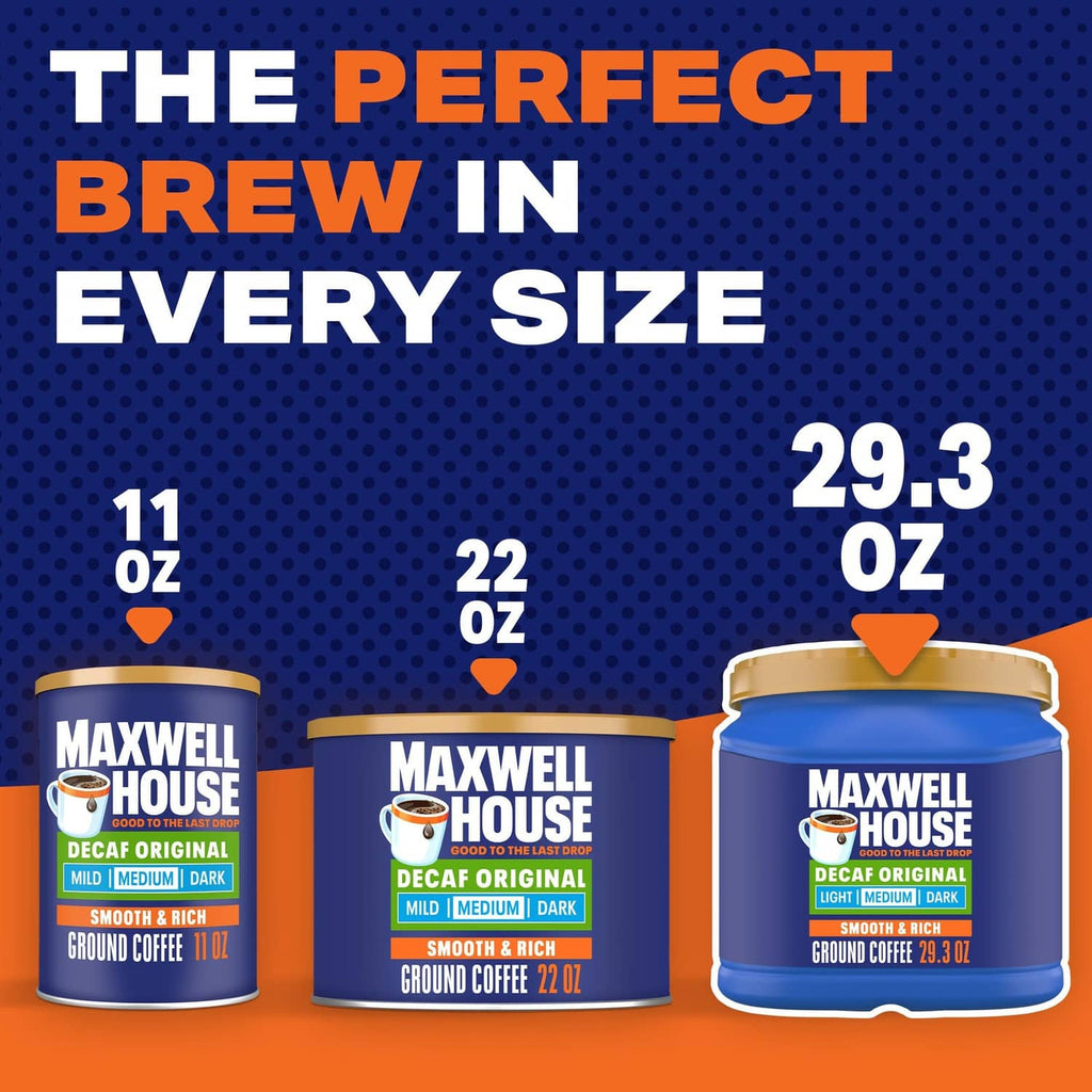 Maxwell House decaf ground coffee jars in three sizes, showing roast levels and weights.