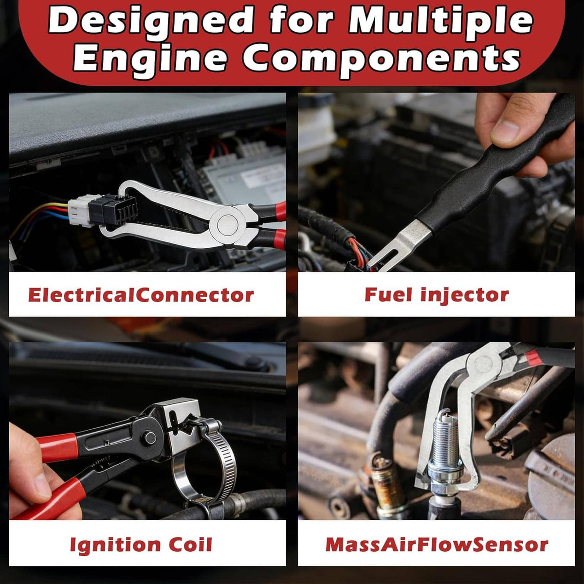 Assorted electrical removal pliers with red-and-black handles and metal prying heads