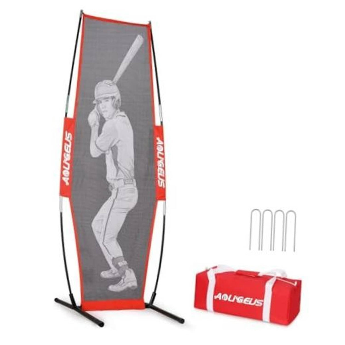 Red pitching target net with batter silhouette, freestanding frame and ground pegs