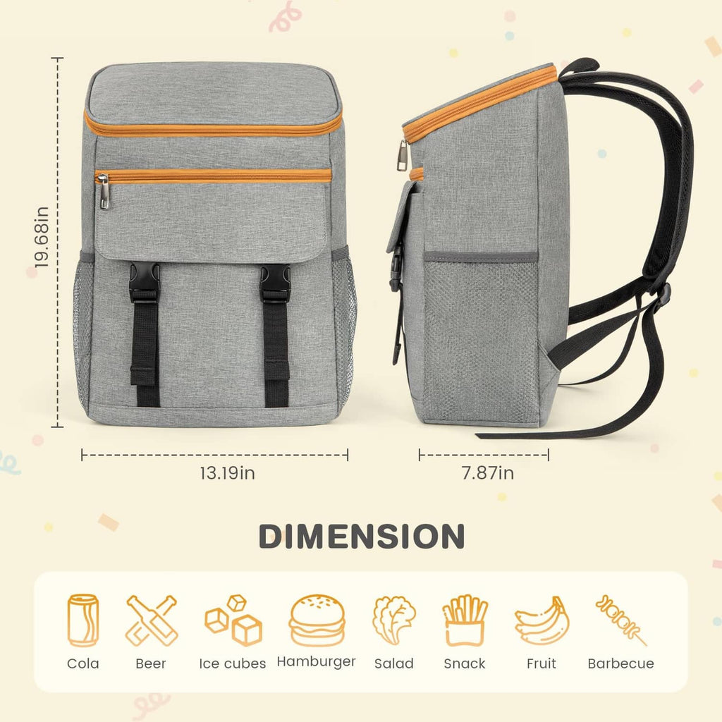 Grey cooler backpack with orange zipper trim, front pockets and adjustable shoulder straps