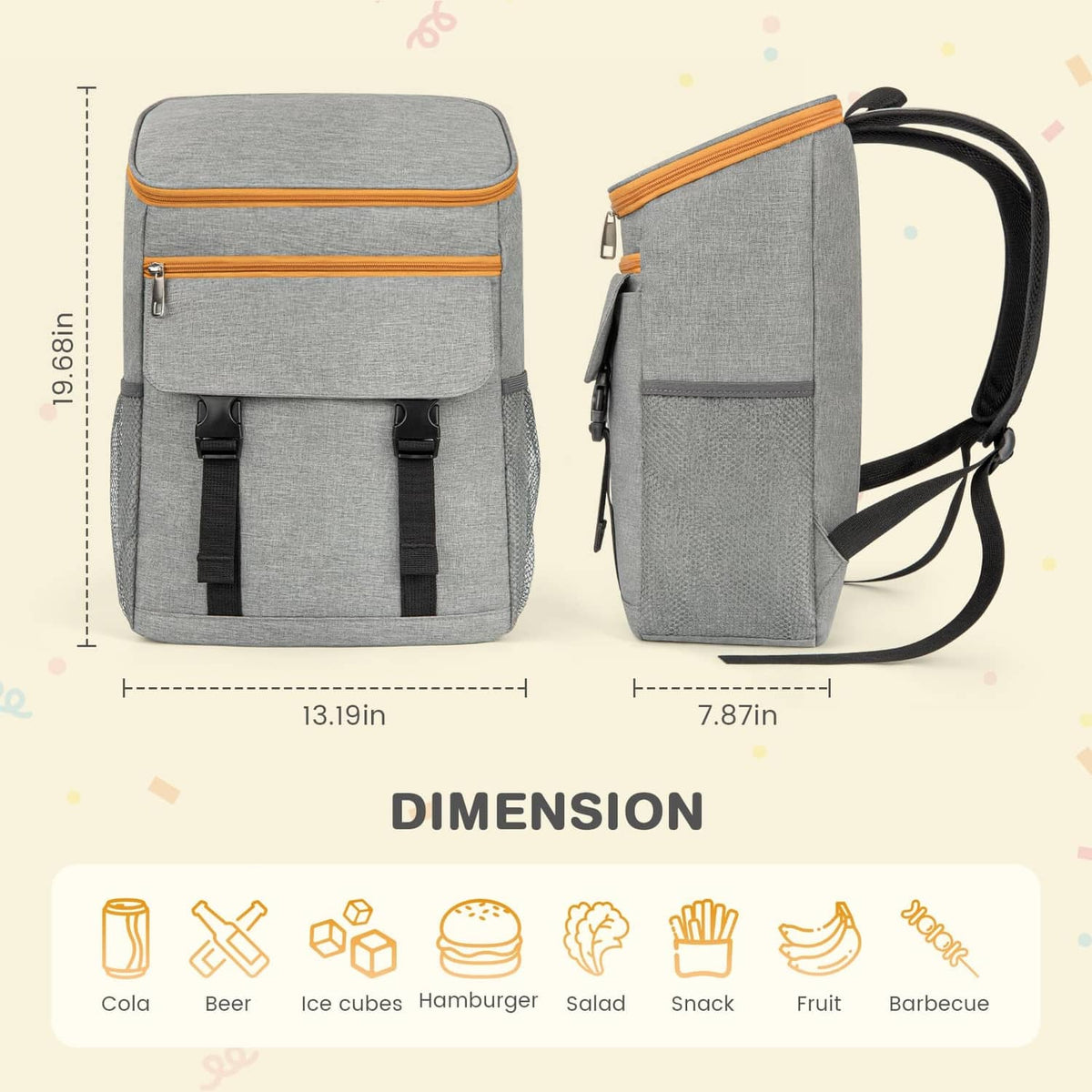 Grey cooler backpack with orange zipper trim, front pockets and adjustable shoulder straps