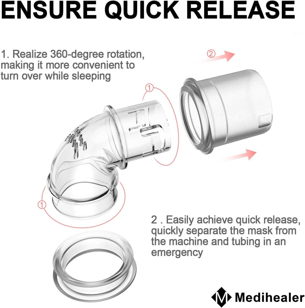 Clear elbow swivel connector with quick-release rotating mechanism