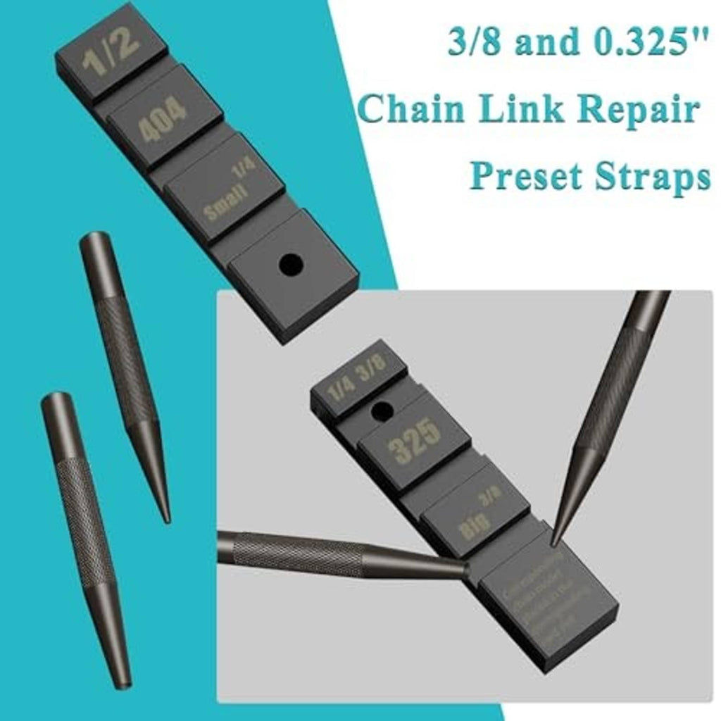 Chain link repair preset straps kit with 3/8 and 0.325 pocket chain breaker tools