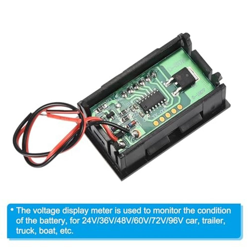 Digital voltmeter internals with green PCB, black cover, and red/black wire connections