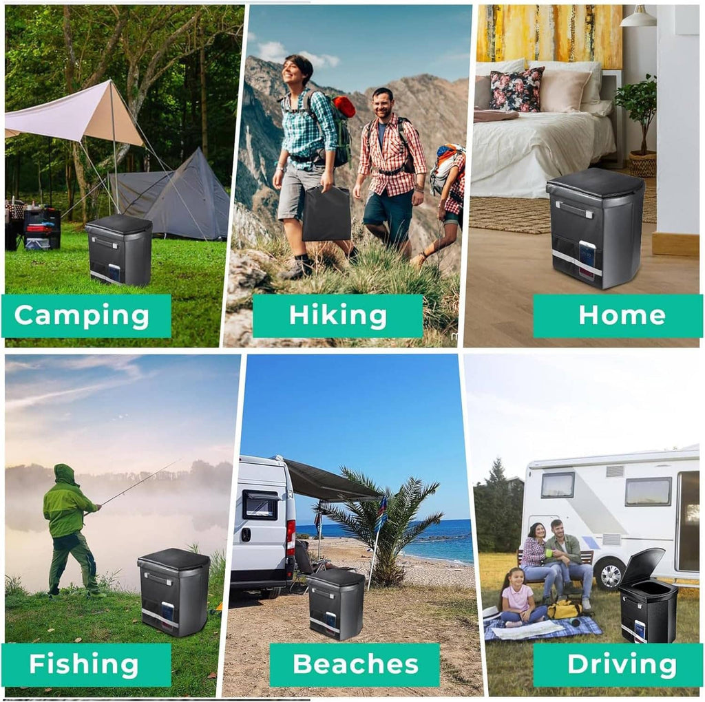 Portable toilet shown outdoors for camping, hiking, home, fishing, beaches, and driving