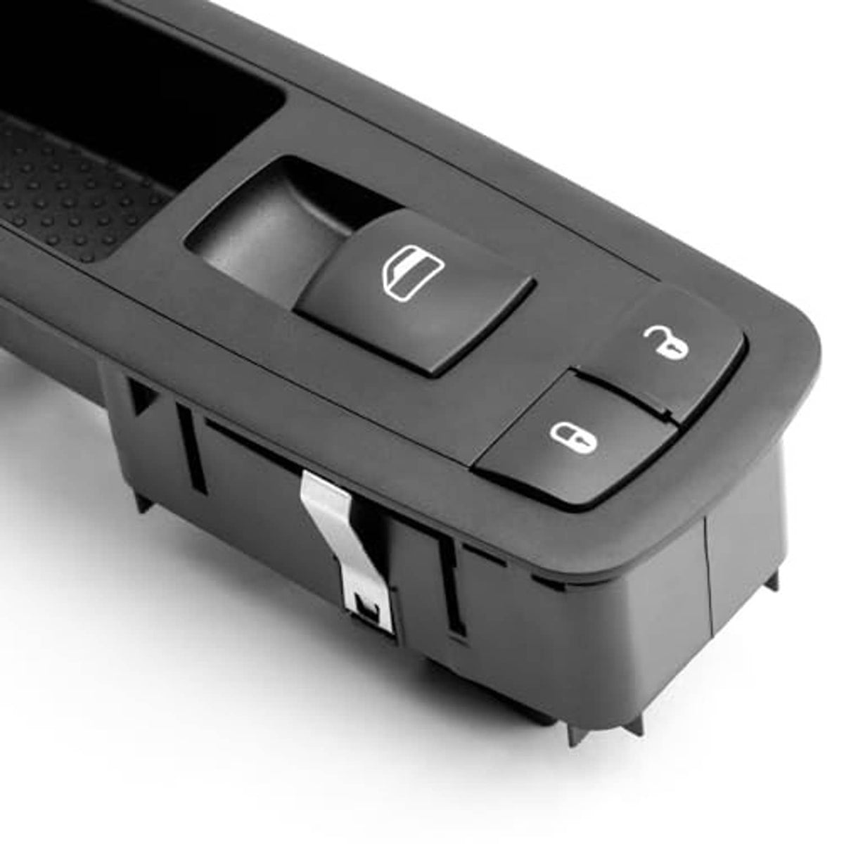 Power window switch assembly with front control buttons and wiring contacts underside
