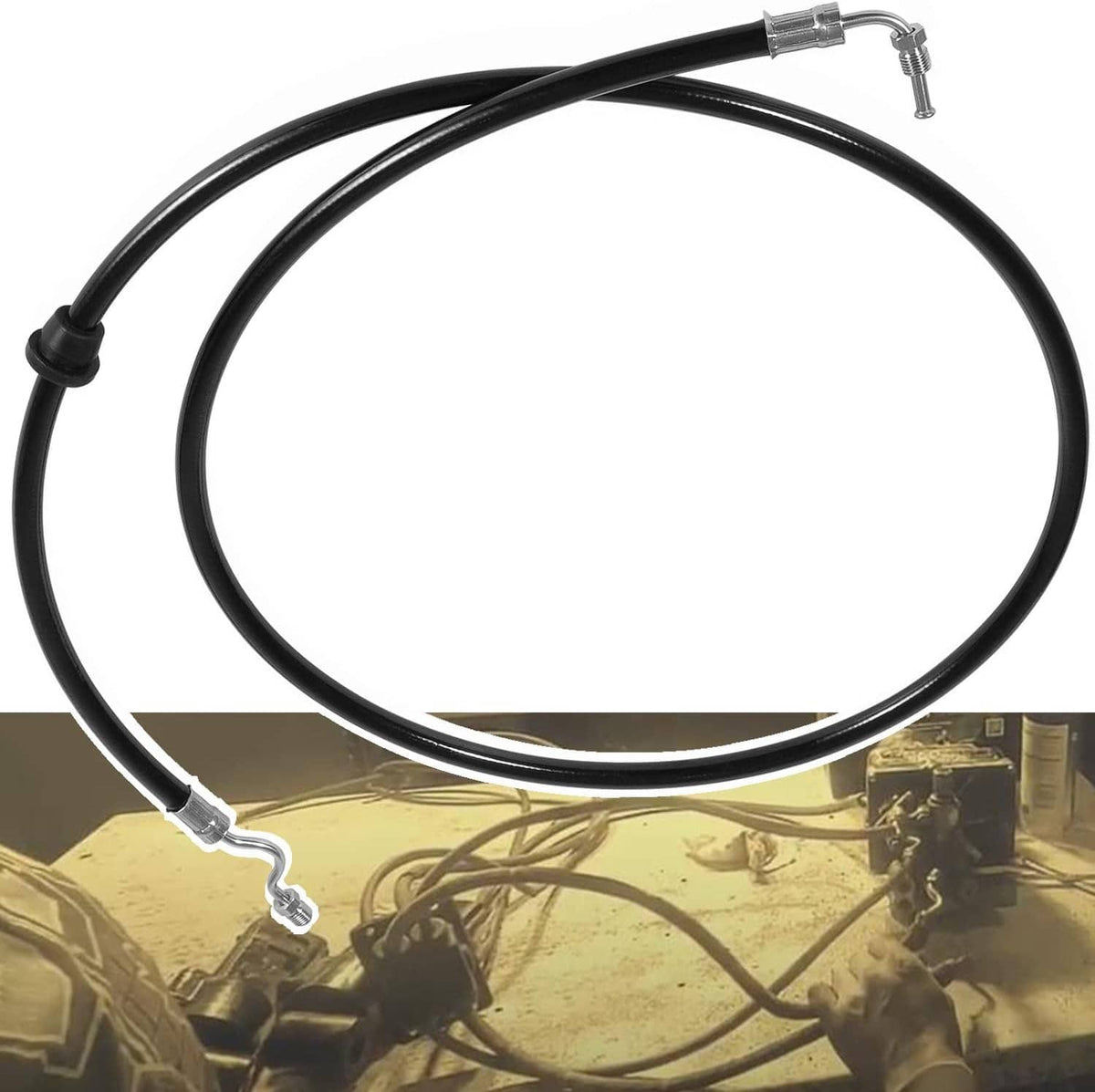 Black marine power trim hose with metal end fittings and protective cable sheath