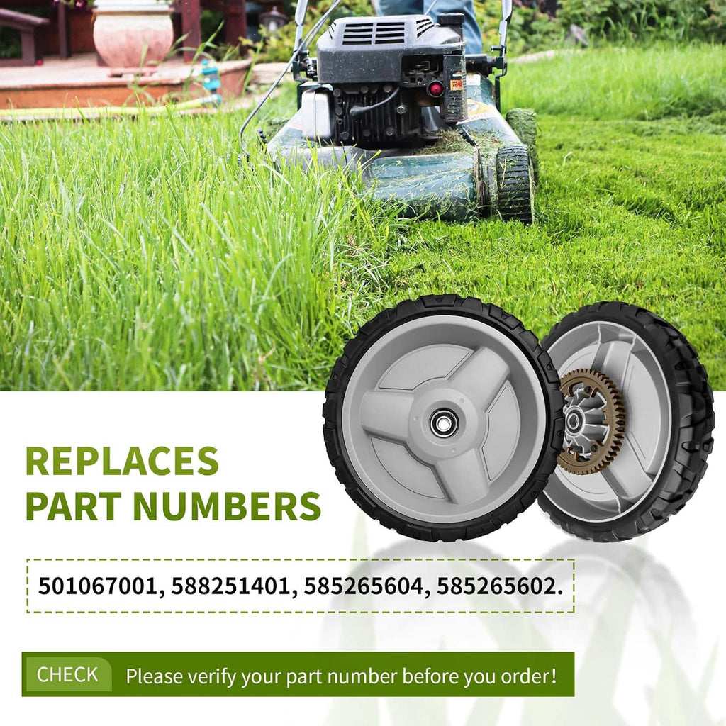 Two-pack of 11-inch lawnmower replacement wheels, black tire and gray hub