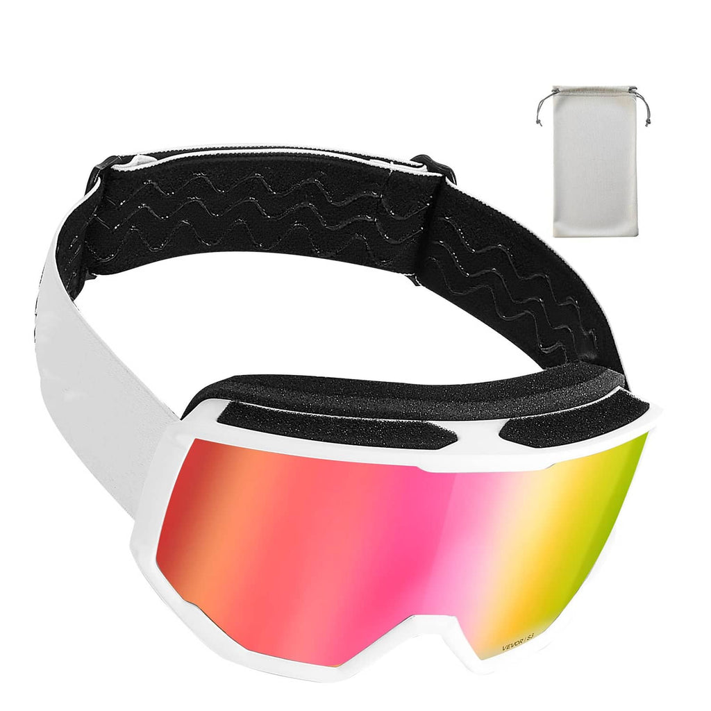 White and black ski goggles with pink-to-green reflective lens and padded strap