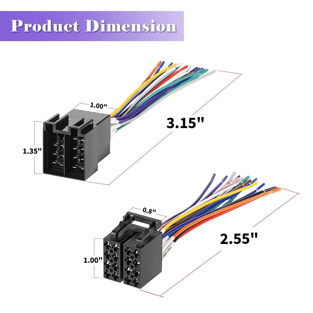 ISO radio harness adapter dimensions: 3.15 in and 2.55 in connector lengths