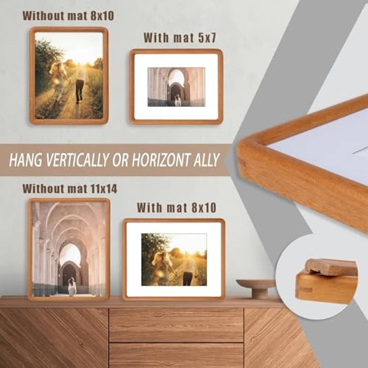 Teak wood 11x14 picture frame set with options for vertical or horizontal hanging