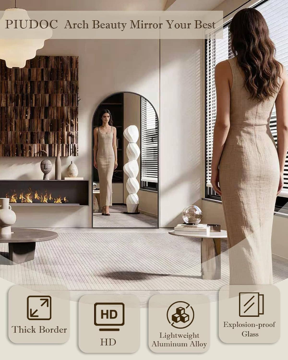 Arched floor mirror with black frame, viewed from behind with edge and reflection visible.