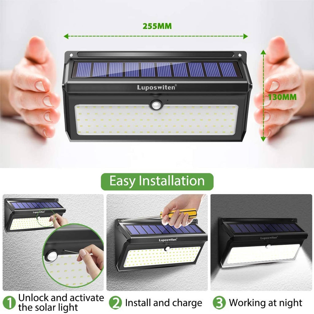 Solar motion sensor LED light with round sensor button and wide rectangular LEDs