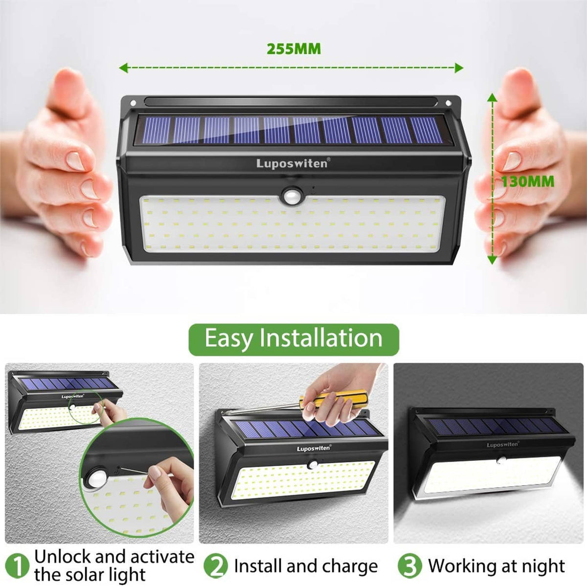 Solar motion sensor LED light with round sensor button and wide rectangular LEDs