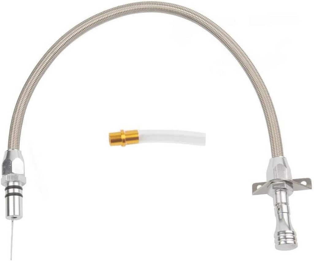 Flexible transmission dipstick with long braided hose and two line connectors