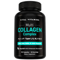 Black supplement bottle with Multi Collagen Complex label and ribbed cap