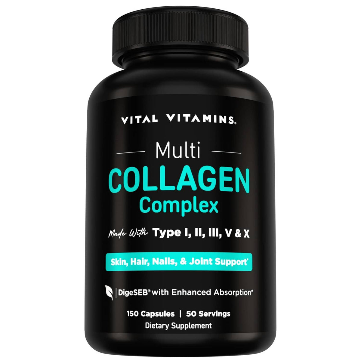 Black supplement bottle with Multi Collagen Complex label and ribbed cap