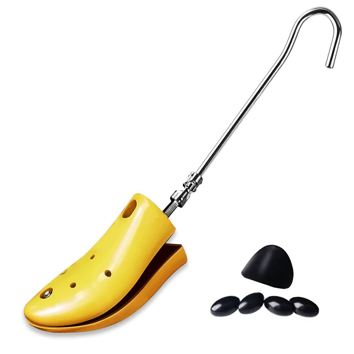 Yellow adjustable boot stretcher with metal handle and included black bunion plugs