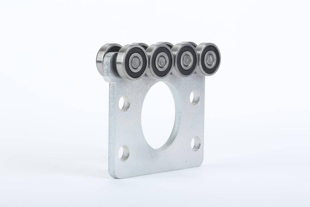 Steel trolley roller bearing assembly with four inline bearings and a central cutout