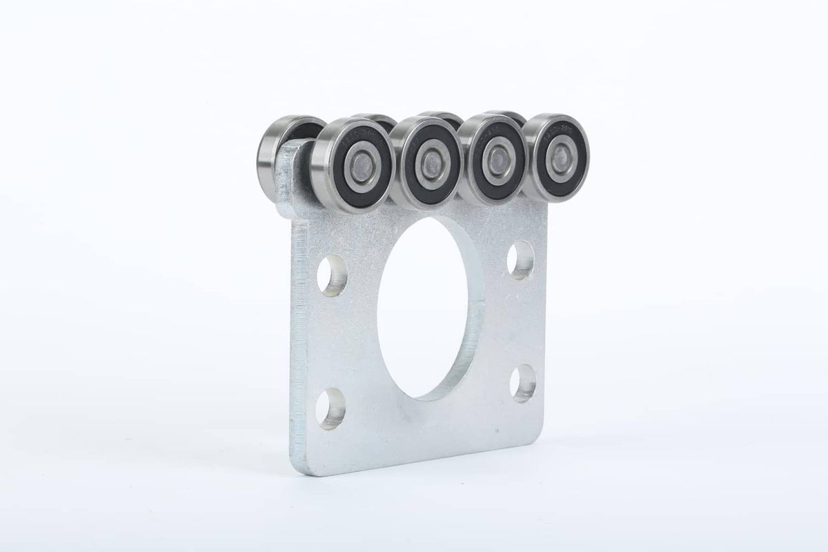 Steel trolley roller bearing assembly with four inline bearings and a central cutout