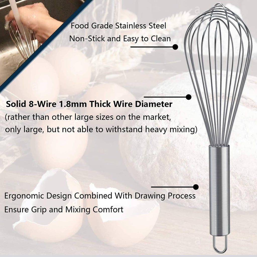 Single stainless steel wire whisk with silver handle and looped mixing wires