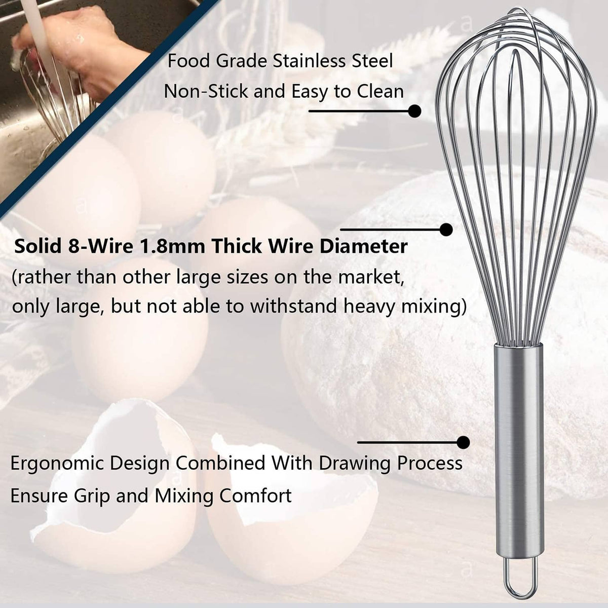 Single stainless steel wire whisk with silver handle and looped mixing wires