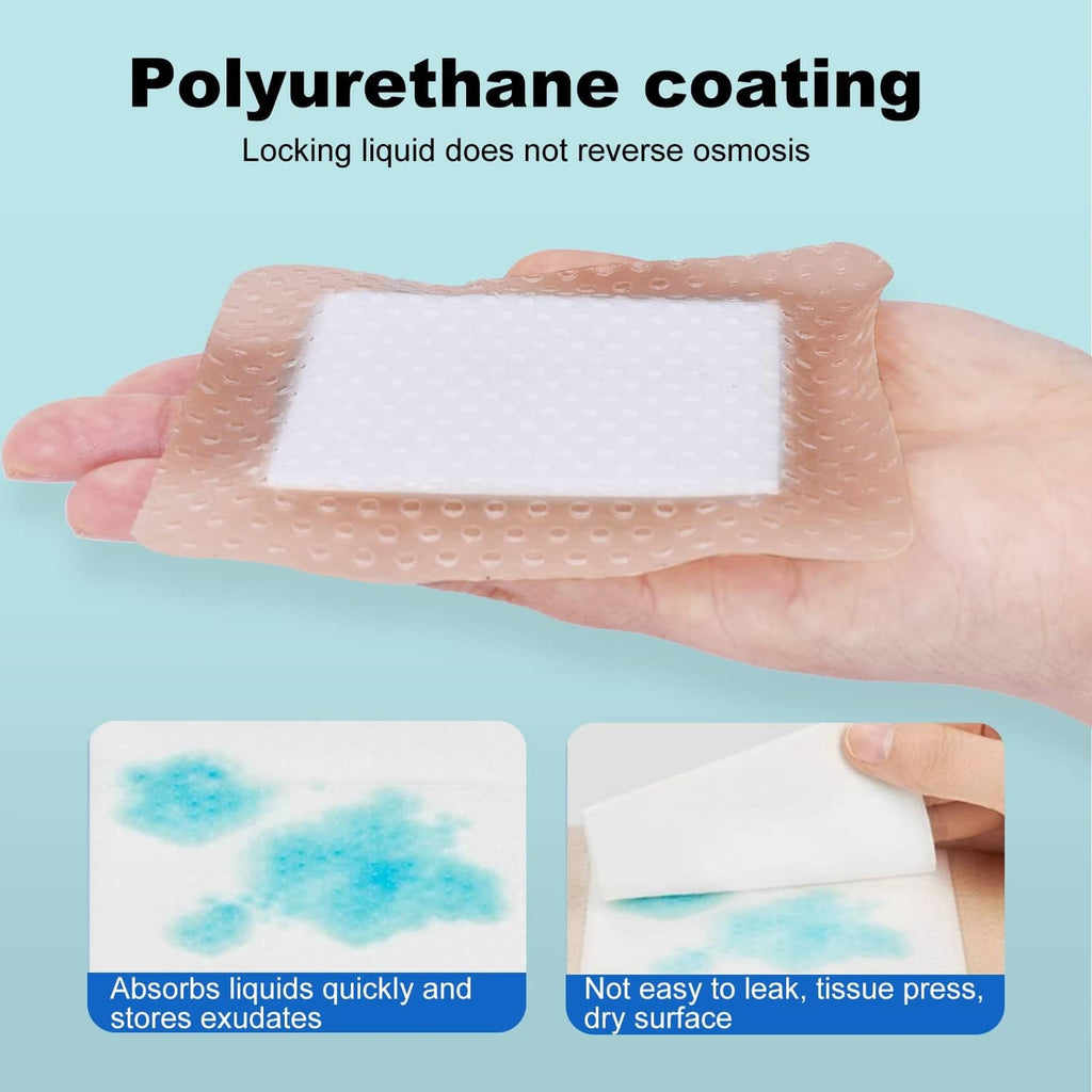Silicone foam dressing pad in hand, beige border and white absorbent pad