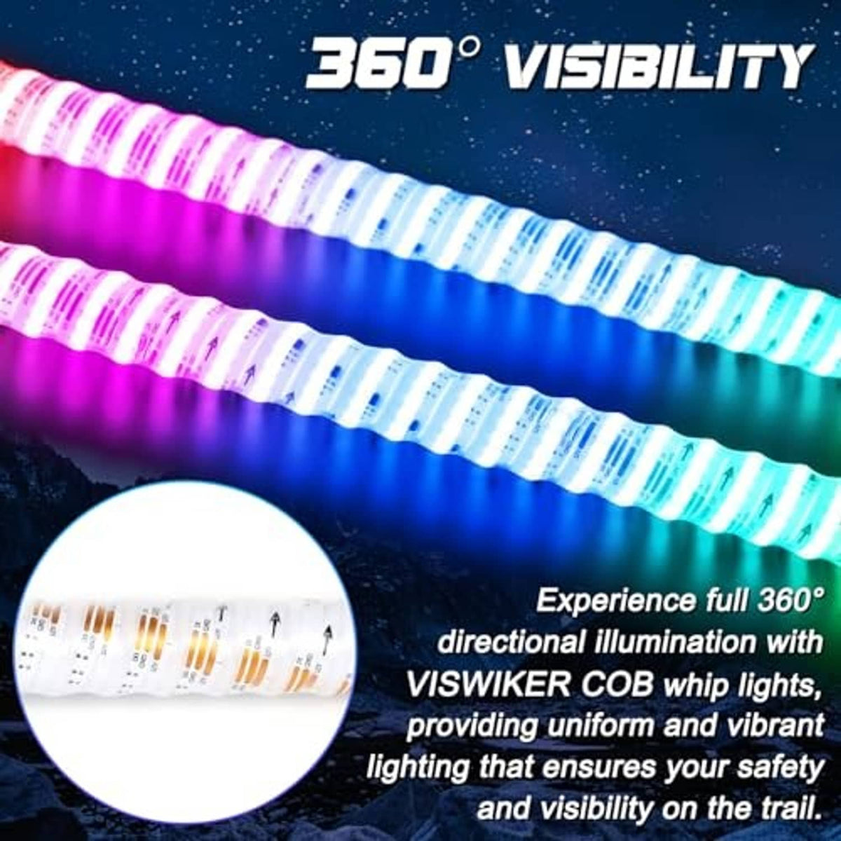 Pair of colorful COB LED whip lights with bright purple and blue glow