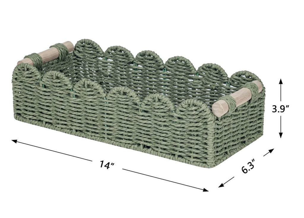 Green scalloped woven toilet paper storage basket with wood handles, front view
