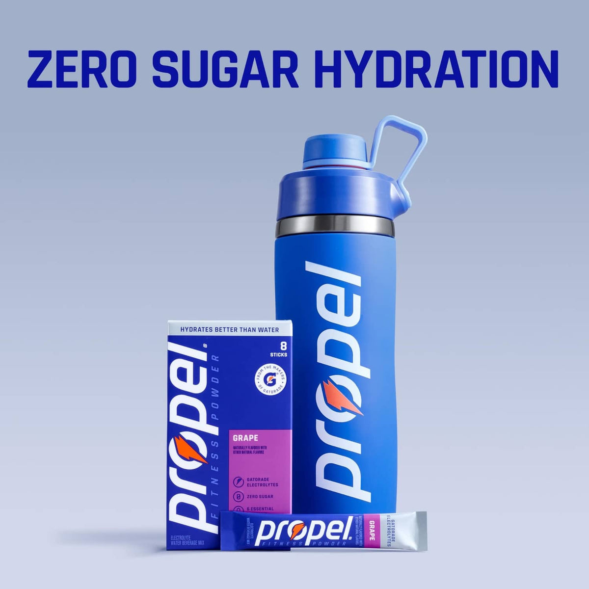 Blue Propel electrolytes hydration bottle with grape packet, zero sugar