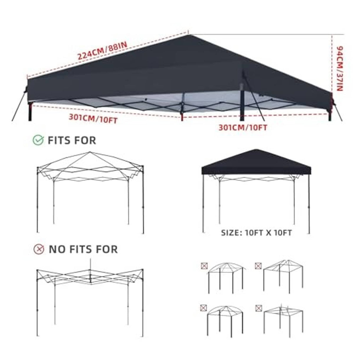 10x10 ft canopy replacement top only, peaked roof with size markings