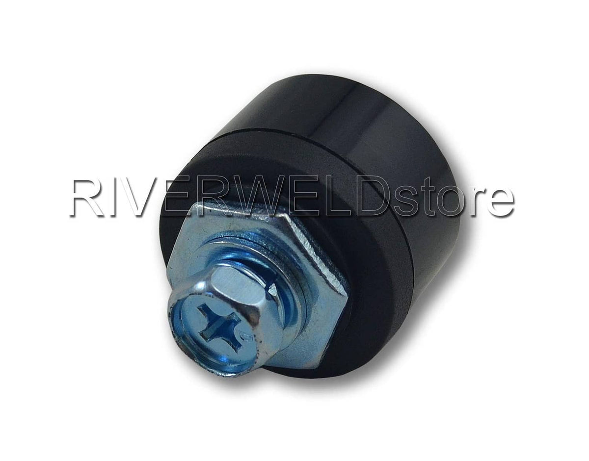 Welding cable panel connector plug close-up, black housing with gold insert bolt