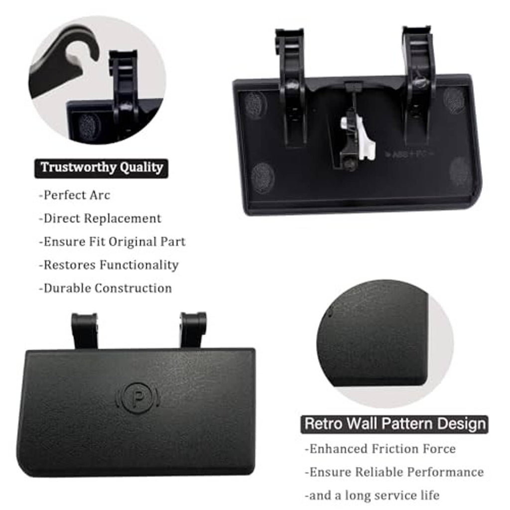 Black parking brake release handle cover with 'P' emblem; underside component view