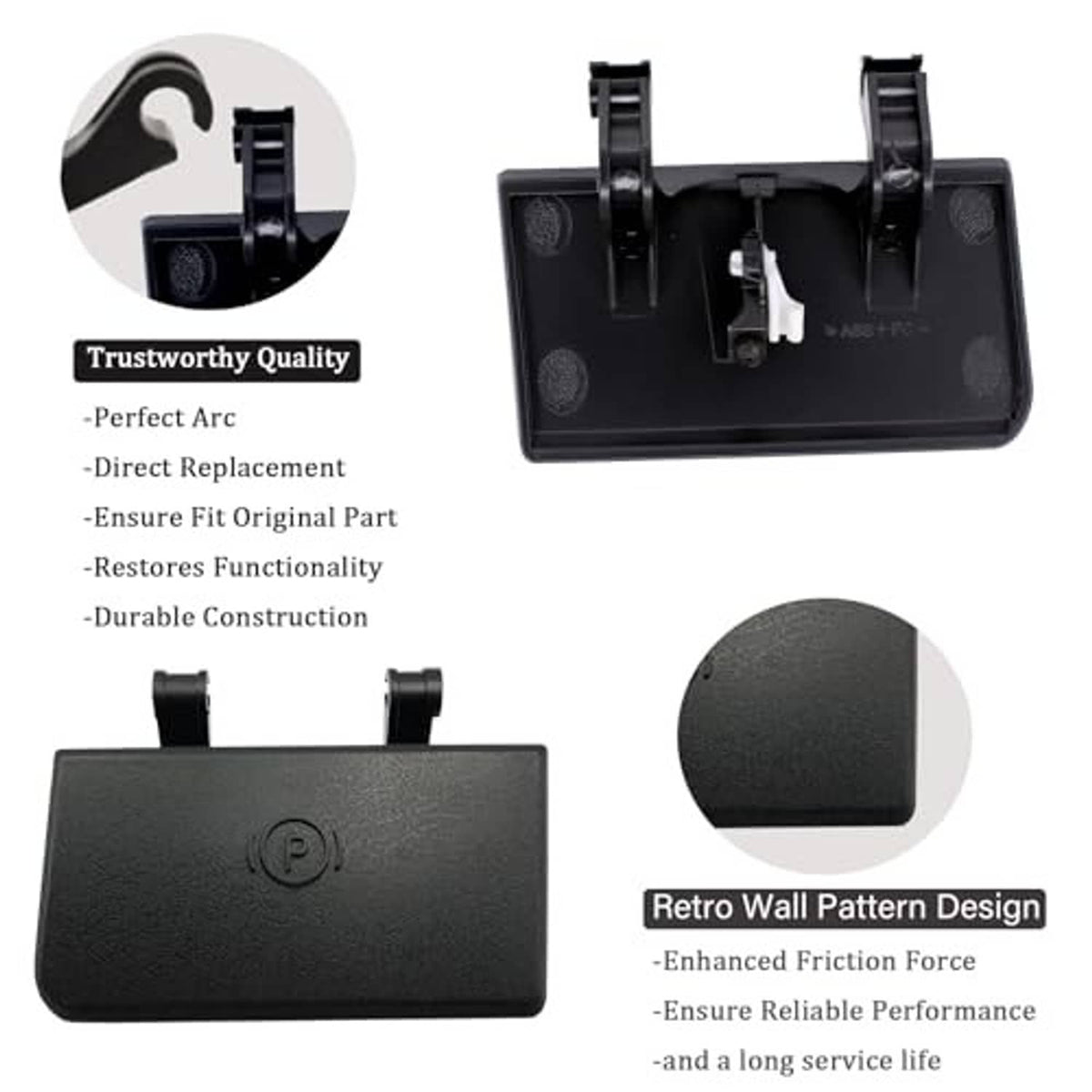 Black parking brake release handle cover with 'P' emblem; underside component view