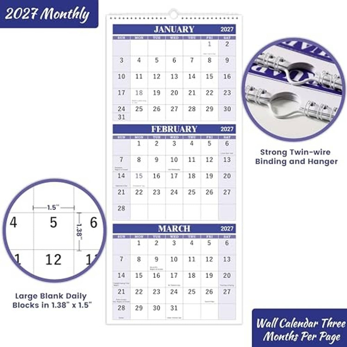 Purple-accented 3-month wall calendar with January, February, and March 2027 and hanging loop
